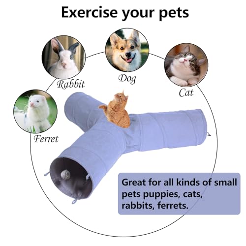 3 Way Collapsible Cat Play Tube Toys with Plush Ball, Indoor Play Tunnel for Puppy, Kitty, Kitten, Rabbit - color: 3 Way Shape