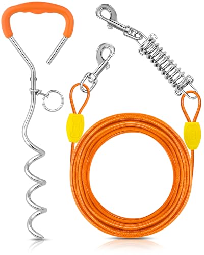 Petbobi Dog Tie Out Cable and Stake, 20ft Heavy Duty Dog Leads for Yard - color: Orange, size: 20 ft (120 lbs)