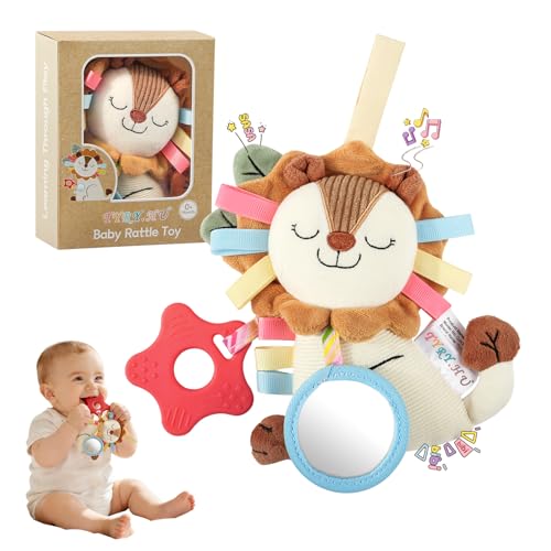 TYRY.HU Car Seat & Stroller Activity Toy,Soft Plush Cot Hanging Toy, Baby Rattle Toy with Strap,Developmental Sensory Toy-Textured Ribbons&Teether&Mirror&Crinkle Sounds for Infants 0 3 6 12 Months - color: B: Lion Stroller Toy