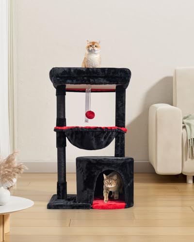 SYANDLVY Gothic Cat Tree with Coffin Bed for Indoor Cats, Modern House - color: Black & Red