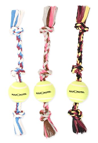 Mammoth Flossy Chews Color 3 Knot Tug w/Large Tennis Ball – Premium Cotton-Poly Tug Toy for Dogs – Interactive Dog Tug Toy – Rope Dog Toy with Tennis Ball for Large Dogs - 24” - size: Large (24 in), style: 3 Knot Rope Tug with Tennis Ball