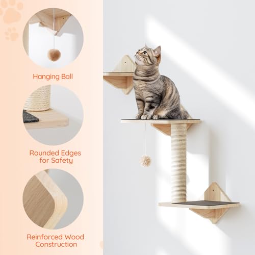 HOOBRO Wood Cat Wall Shelves, Set of 5 Cat Wall Mounted Furniture, Climbing Shelves with House, Steps, Scratching Post, Perch, Sturdy and Anti-Slip, Natural NL43CS03G1