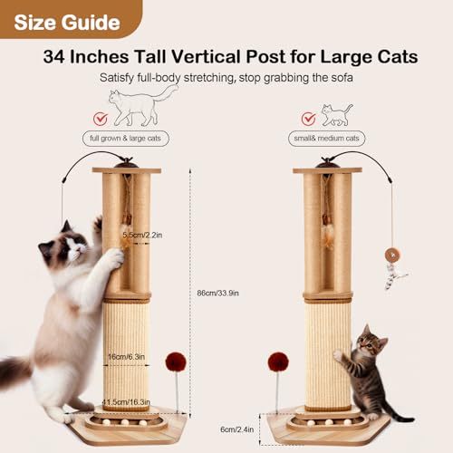 Odoland 34 Inch Cat Scratching Post for Large Cats with 4 Interactive Toys