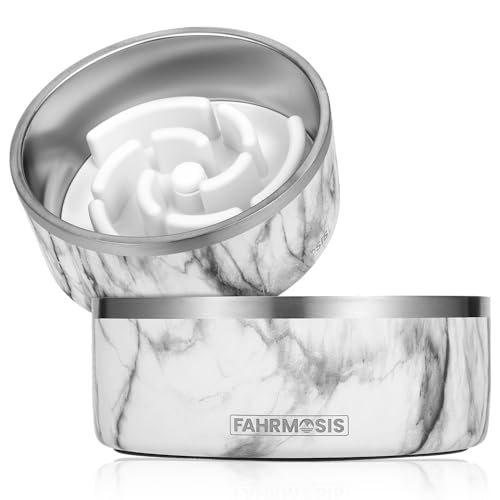 FAHRMOSIS 32 Oz Dog Bowl with Slow Feeder Insert Stainless Steel Pet Water Bowl for Medium & Large Breed Non Slip Rubber Base & Plastic Puzzle Feeder - White Marble - color: White Marble, size: 32 OZ