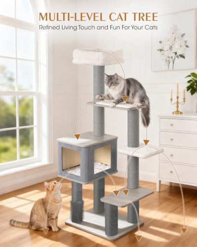 60" Heavy Duty Cat Tree, Tall Cat Tower for Large Cats, Grey