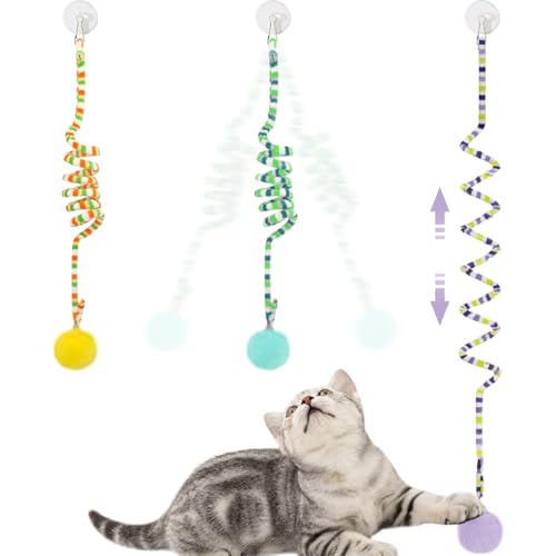 La La Pet®Retractable Cat Teaser Toy Cat Toys for Indoor Self Play 3 Pack Interactive Cat Feather Toy Hanging Spring Cat Toys Cat Teaser Suction Cup with Bell and Plush Ball Kitten Exercise Toys