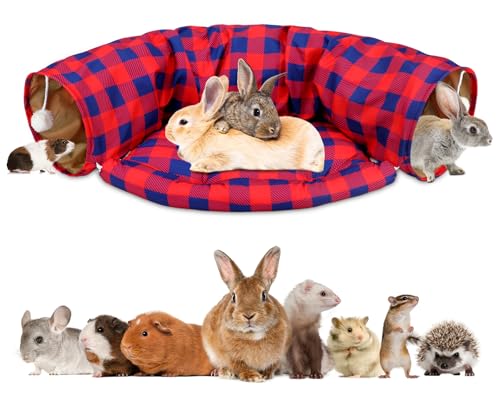 BWOGUE Bunny Tunnel Bed, 2-in-1 Collapsible Rabbit Tunnel Hideout with Mat - color: RedPlaid