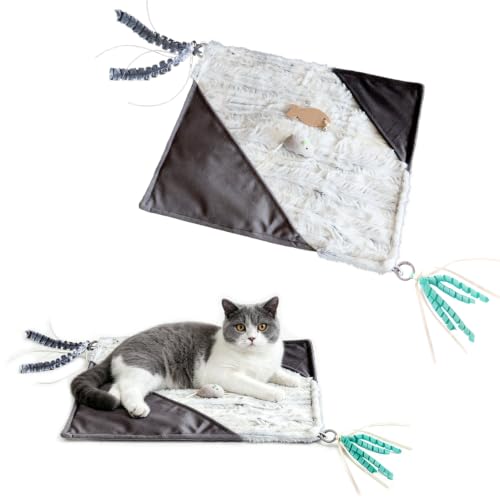 Cat Crinkle Mat with Mouse Toy,14x16" Interactive Cats Play Mat with Catnip - color: Grey