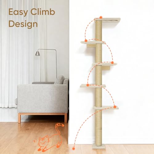 PAWSCRAT 5-Tier Wall-Mounted Cat Tree, 80-Inch Sisal Post, Beige - color: Beige
