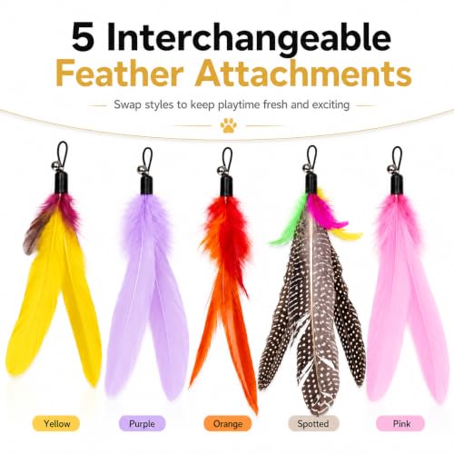 Cat Wand Toy with 5 Feather Attachments – Interactive Cat Teaser Wand & Cat Fishing Pole Toy for Indoor Cats, Feather Cat Toy for Exercise, Chase & Play, Fun Kitten Toys for Bored Cats