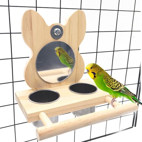 Bird Mirror Parrot Perch with Mirror and Stainless Steel Feeding Cups for Parakeets Cage Swing Wooden Mirror Fun Play Toy for Birds Lovebird Conures Cockatiels - style: Style B
