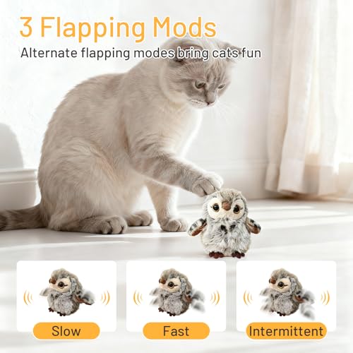 Puffluv Flapping Cat Toy,Can NOT Fly Chirping Owl Interactive 3-Mode Flapping Bird, Rechargeable USB with Catnip Pouch for Indoor Kitty Playful Exercise Reduce Boredroom - style: Owl