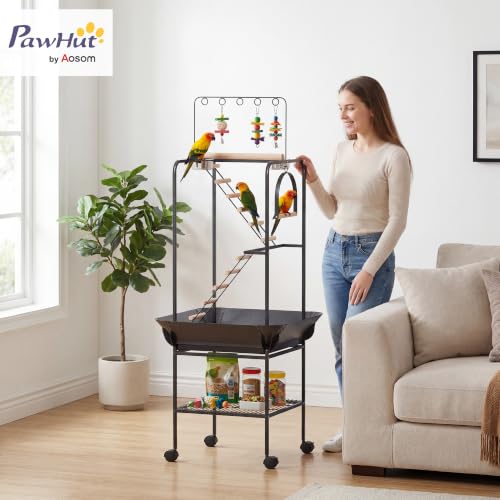 PawHut 64" H Rolling Bird Stand Parrot Playstand with Seed Guard & Wheels