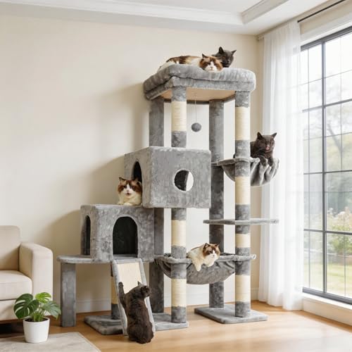 Hey-brother Cat Tree Tower with Plush Steped Condos, Big Platform, MPJ071W - color: Light Gray, size: 50 inches