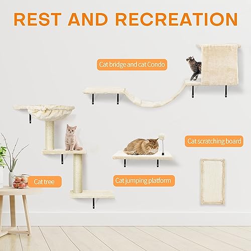 Cat Wall Shelves, Space-Saving Wall-Mounted Cat Climbing Set for Large Cats - color: beige