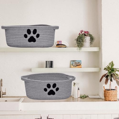 Small Woven Dog Toy Basket with Handle, Cute Paw - color: Grey
