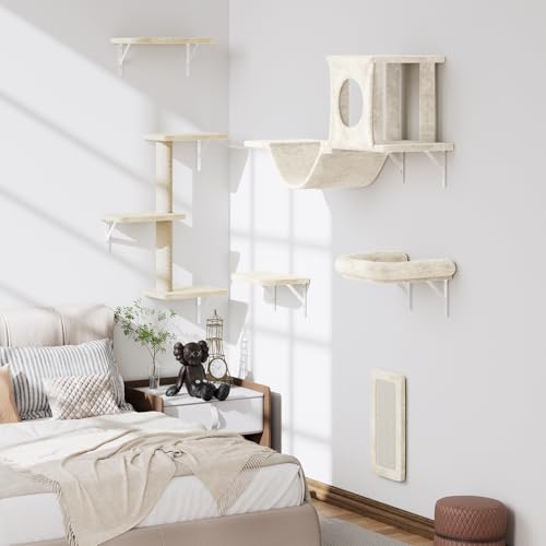 Cat Wall Shelves, 6 Pcs Luxury Wall-Mounted Cat Climber Shelves, Beige - color: Beige, size: Set of 6