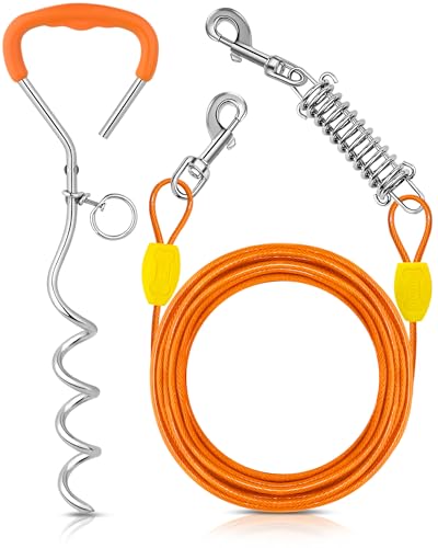 Petbobi Dog Tie Out Cable and Stake, 10ft Heavy Duty Dog Leads for Yard - color: Orange, size: 10 ft (120 lbs)