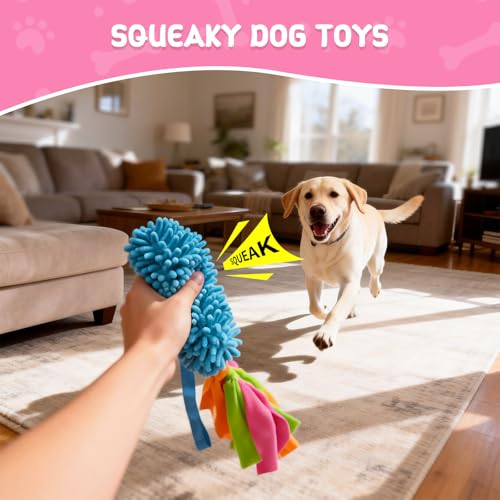 Squeaky Dog Tug Toy, Interactive Tug of War Rope Toys for Small Medium Large Dog, Soft Chenille Chewing Dog Rope Toys for Puppy Training and Play Games - color: Sky blue