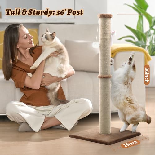 36'' Tall Cat Scratching Post, Large Sisal Scratch Post for Indoor Cats, Sturdy Cat Scratcher Tower, Vertical Cat Scratch Pole, Modern Cat Furniture for Kittens & Adult Cats (Brown) - color: Brown