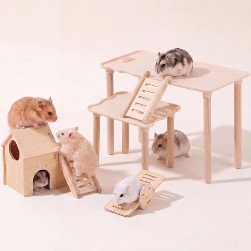 Novabright 5 Pcs Hamster Platform Playground Set, Wooden Hamster Hiding House Cage Accessories with Multi-Functional Platform, Seesaw, Ladder and Slide for Dwarf Syrian Hamsters, Gerbils, Mice