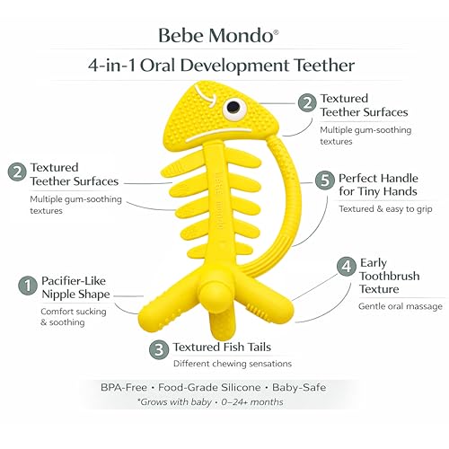 3 in 1 Infant Toys, Baby Teething Toys 3–6 6–12 Months, Teethers for Babies 0–3–6–12 Months for Teething Relief, Baby Gift, Baby Teether Toys, Silicone Sensory Toys, USA Patent Pending, Fish (Yellow) - color: Yellow