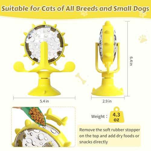 Cat Food Treat Dispenser Toy Interactive with 360°Rotating Windmill Suction Cup for Indoor Cats, Kittens & Small Dogs Slow Feeder Snack Exercise & Distribution Wheel Toy - color: Yellow- Pinwheel, size: Pinwheel