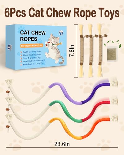 Cat Chew Rope Toys 6Pcs with Catnip, Indoor Cat Teething Toys for Kittens, Interactive Catnip Kitty Toys for All Breeds (3PCs Chew Rope & 3PCs Silvervine Sticks) - style: 3PCs Chew Rope & 3PCs Silvervine Sticks