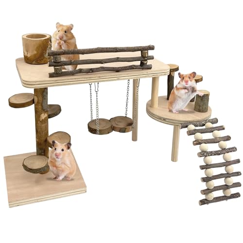 Large Wooden Hamster Toys Playground Set with Ladder & Bridge