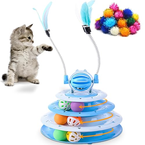 Vealind Cat Toy Roller 4-Level Turntable Cat Toys Balls with 14 Pcs Colorful Pom Pom Balls Interactive Fun Mental Physical Exercise Puzzle Kitten Toys (Blue) - color: Blue