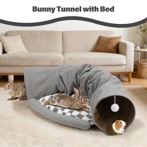 BWOGUE Bunny Tunnel Bed, 2-in-1 Rabbit Tunnel Hideout with Mat, Gray - color: Gray
