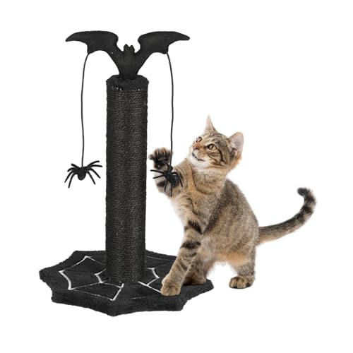 VINGLI Halloween Cat Scratching Post, Gothic Premium Sisal Scratch Posts with Hanging Bat Decor, Webs Shaped Base, Black