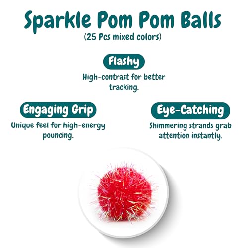50 Count 1.2 Inches Pom Pom Balls with Cat Ball Launcher, Interactive Cat Toy for Indoor Kittens, 25 Pcs Sparkle and 25 Pcs Simple Pompoms are Included for Exercise, Training & Boredom Relief - size: 3cm With Ball Loumcher
