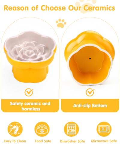 Ceramic Elevated Slow Feeder Cat Bowl Set with Feeding Mat & Measuring Scoop, Raised Tilted Puzzle Bowl for Cats & Small Dogs, Whisker Friendly Pet Feeding Dish for Dry Wet Food (Yellow) - color: Yellow