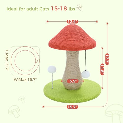PETEPELA Mushroom Cat Scratching Post, 100% Sisal Cute Cat Scratcher, Pink - color: Red