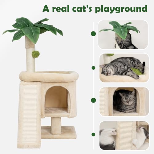 Meowoou Palm Cat Tree Tower for Indoor Cats with Cozy Cat Condo, 33'' Natural Sisal Scratching Posts and Plush Pom-pom for Small Kitty - size: 33 in Palm Cat Tree