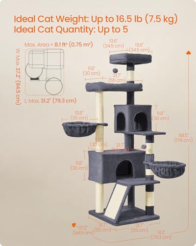 Feandrea Cat Tree, 68.5-in Tall Cat Tower, Multi-Level Condo, Dark Gray - color: Dark Gray