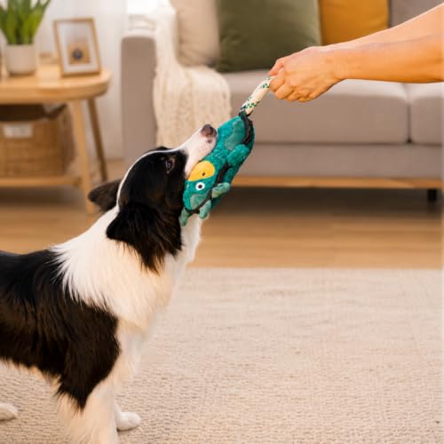 Green Sheep Squeaky Plush Dog Toy, Interactive Rope Toy with Recycled Materials for Tug, Fetch and Play, Medium to Large Dogs, Chew Toy, Cow - color: Cow