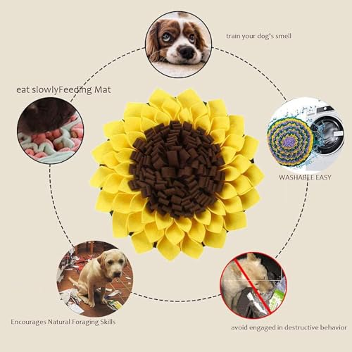 Snuffle Mat for Dogs Sunflower 19” x 19”, Large Interactive Slow Feeder Mat, Encourages Natural Foraging Skills, Plush Enrichment Toy for Mental Stimulation, Machine Washable Puppy Chew Toy - size: 19"L x 19"W