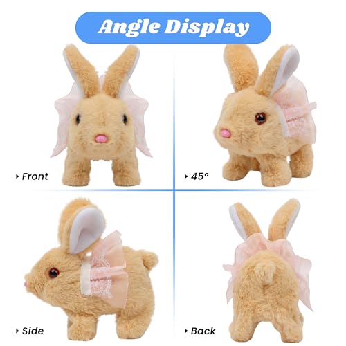 Hopearl Hopping Rabbit with Dress Interactive Electronic Pet Plush Bunny Toy with Sounds and Movements Animated Walking Wiggle Ears Twitch Nose Gifts for Toddlers Birthday, Brown, 7'' - style: Dress Bunny-Brown