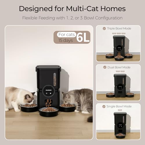 Automatic Cat Feeder for 3 Cats, 6L 2.4G WiFi Feeder, Slow Feed, Black - color: Black