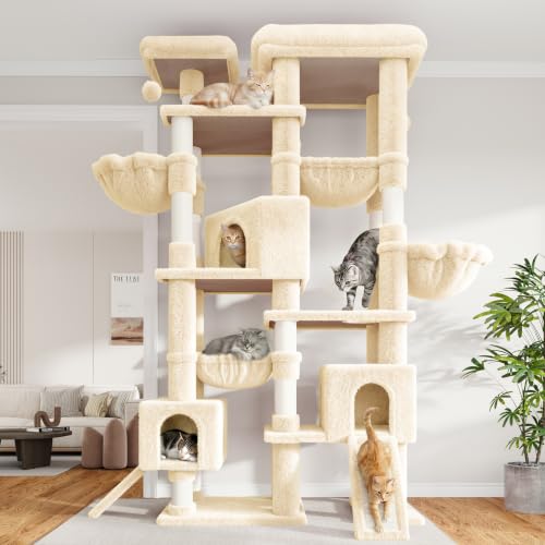 SHA CERLIN 87 in Multi-Level Tall Cat Tree Tower for Large Cats/Extra Wide Feline Activity Center/Sisal Scratching Posts/Wide Base/Cozy Plush Perches/Baskets/Hammocks/Toy Balls/Beige - color: Beige