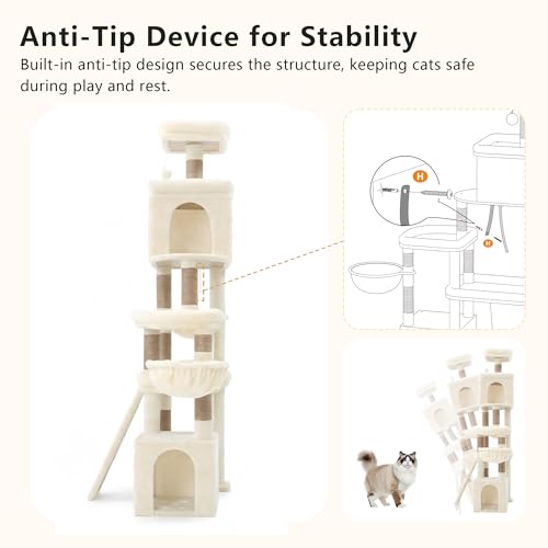 Heybly Cat Tree 72.4-Inch Anti-Tip Cat Tower with Spacious Perches HCT060MJ - color: Beige