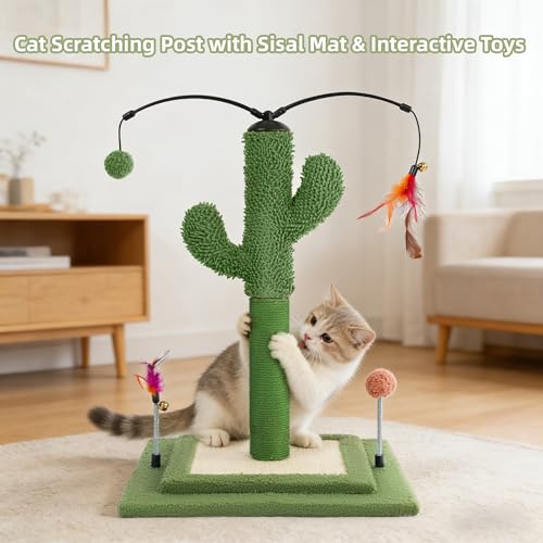 YUNIQUE Cactus Cat Scratching Post with Sisal Rope, Small Cat Tree with Dangling Balls & Feather for Kittens (Green, 22.8'') - color: green, size: 22.8'' square