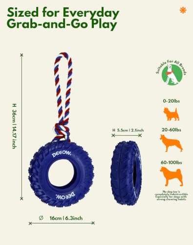 Deeow Tether Dog Tire Chew Toy for Teething & Treat Dispensing-Blue 6.3'' - size: With Rope