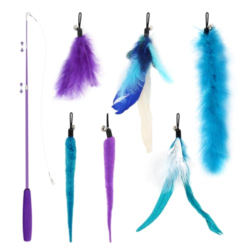 SONGWAY Interactive Cat Feather Toy Set - Retractable Teaser Wand with 6 Pcs Feather Refills with Bell, Cat Wand Toys for Indoor Cats Kittens Play Chase Exercise, Blue - color: Blue