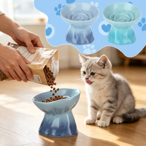 2 Pcs Slow Feeder Cat Bowl, Ceramic Flower Pet Dish, 5.71 Inch Gradient Blue and Teal Cat Slow Feeder Bowl for Dry Meals, Wet Meals and Everyday Feeding - color: Light Blue and Teal