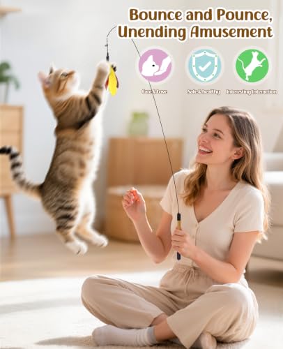 Pawaboo Cat Feather Wand Interactive Toy, 2 Feathers + 1 Wand with Bell - color: Yellow + Red Brown