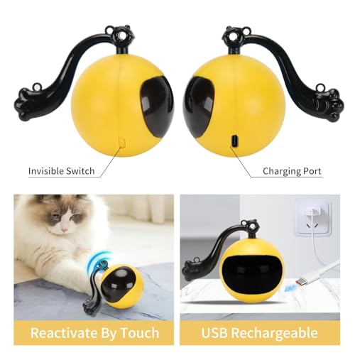 Electric Interactive Cat Feather Toy Ball for Indoor Cats,Turbo Tail Mouse Chase with LED Remote Control Cat Toy,Electric Automatic Moving Ball, Motion Activate Chirping Bird Sound Yellow - color: Yellow Ball