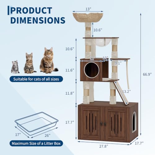 Garvee 66.9" Cat Tree with Litter Box Enclosure, Multi-Level Cat Condo - color: Walnut